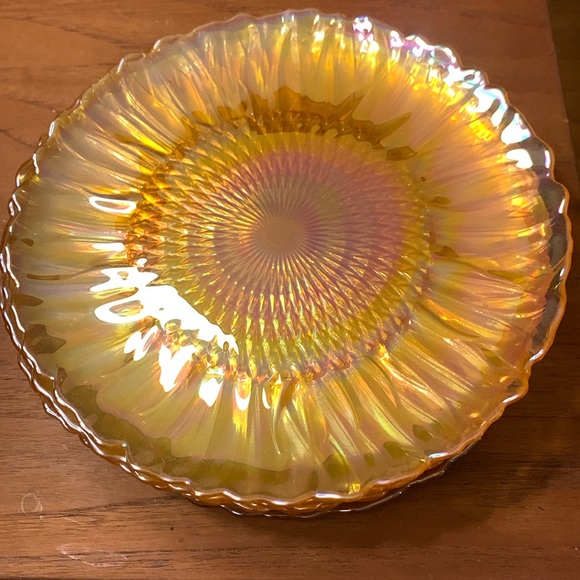 10 50’s MARIGOLD IRIDESCENT LUSTER CARNIVAL GLASS SUNFLOWER PLATES MIDCE… - Picture 1 of 9